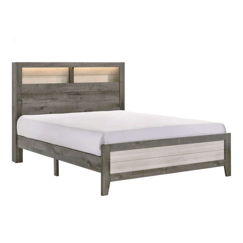 1 lit plateforme grand lit avec rangement et tête de lit à profil bas avec éclairage intégré de style campagne moderne, Grand