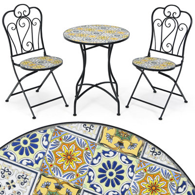 3pcs Patio Bistro Set Mosaic Design Folding Chairs Round Table Garden -  Canora Grey, B0310C061767445D81A302D9FC11DA55