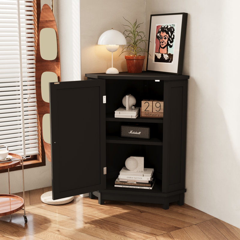 Modern Triangle Corner Storage Cabinet With Adjustable Shelves, Black