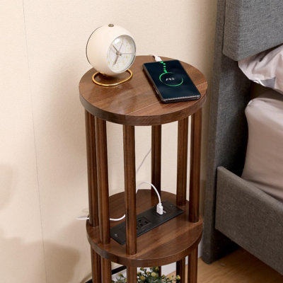 Mid-Century Modern Walnut Wood Round Drink Table With Charging Station, Fully Assembled Accent Pedestal Table For Living Room Or Bedroom