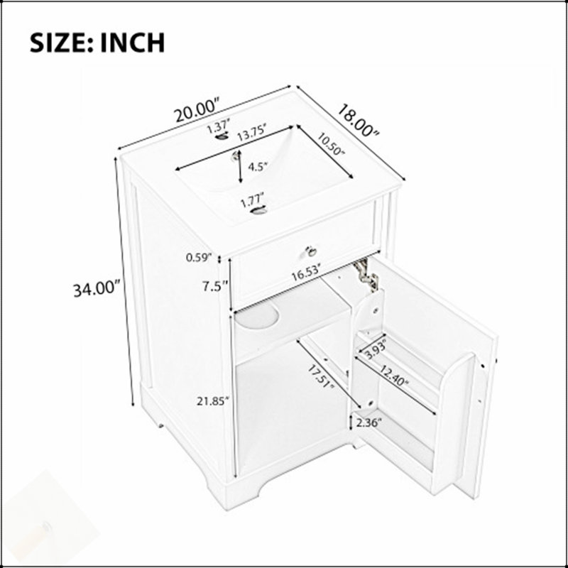 Meuble-lavabo moderne de 20 pouces avec lavabo, porte à fermeture douce et grand espace de rangement pour les espaces compacts