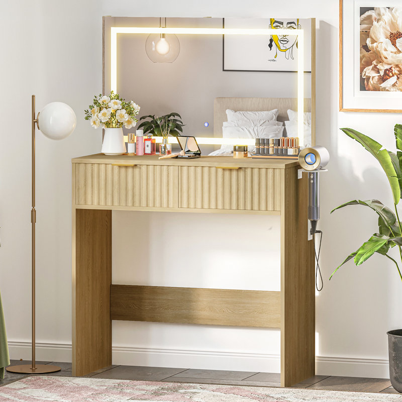Meuble-lavabo moderne cannelé avec grand miroir DEL, 2 tiroirs, 3 modes d'éclairage réglables, prise de courant, Jaune