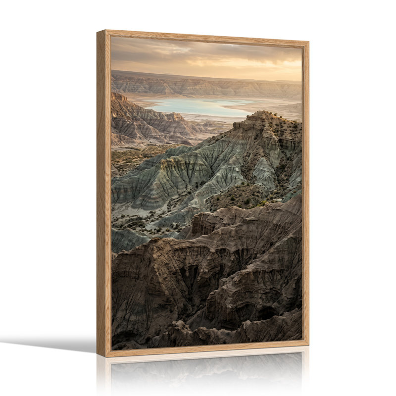 Layered Badlands Hills Overlooking Turquoise Lake Canvas Wall Art, H 48 po x l 32 po