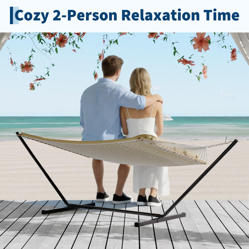 3.5m 2 Person Double Quilted Hammock, Beige Outdoor Swing Bed with Wooden Spreader Bar, Mesh Bag, Cushion & Pillow, 204kg Load Capacity with Hanging Chains