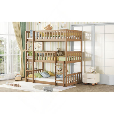 Triple lit superposé en bois d'hévéa, avec échelles, lit superposé détachable et garde-corps