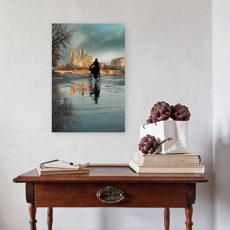 «Cyclist Notre Dame Reflection Gothic Abstract Contemporary City», reproduction d'art mural, 24" H x 16" W