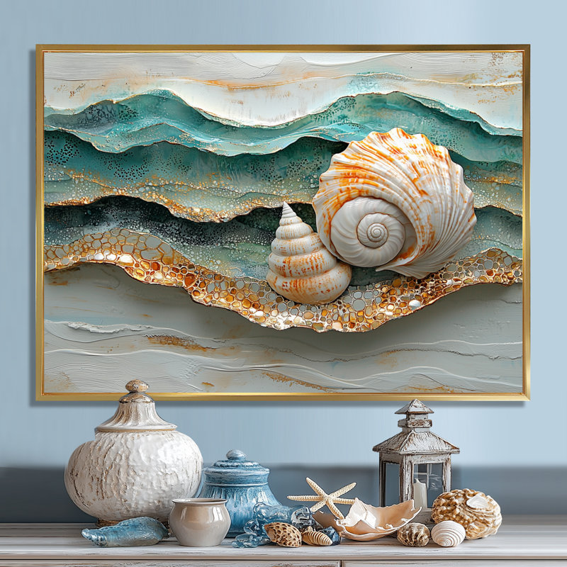 Coquillage et sable émeraude II - art mural bord de mer, H 12 po x l 20 po, Cadre flottant, Doré