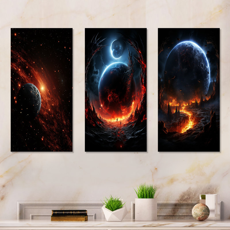 Ensemble de salon orange et noir Comets In Galaxy I - Planète comète, art mural en métal, H 32 po x l 48 po