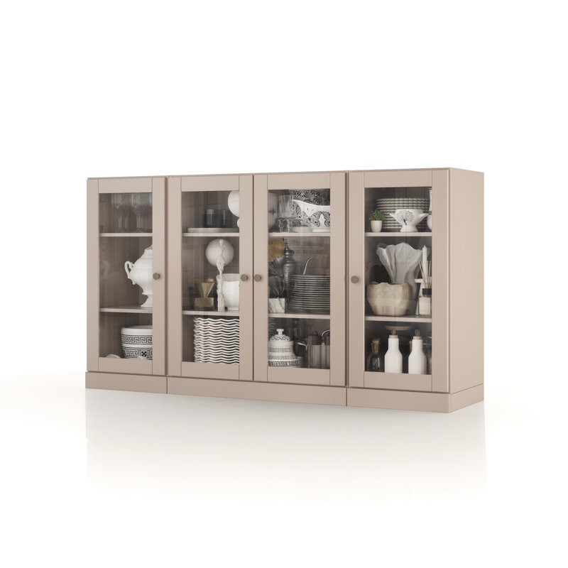Buffet 100% bois massif 65 po avec portes en verre transparent et tablettes réglables, Beige