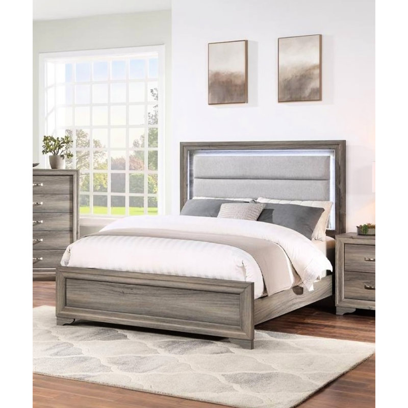 Grand lit moderne avec tête de lit capitonnée horizontale, toile de jute brune et lumières à DEL, aucun sommier requis pour la configuration de la chambre à coucher
