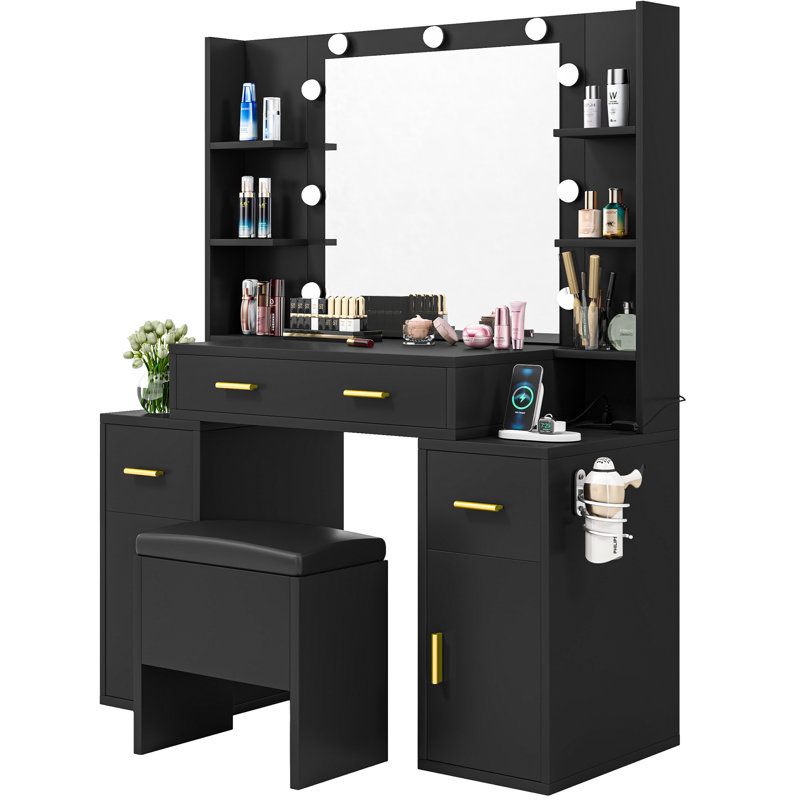 Vanity With Built-In Outlets And Lighted Mirror, Black