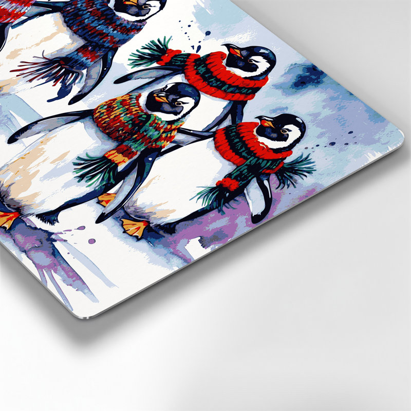 Pingouins de Noël portant des foulards d'hiver colorés, art mural en métal bleu, H 11 po x l 14 po