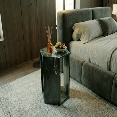 Luxury Green Natural Marble Side Table - Hexagonal End Table With Polished Finish, 40cm X 32cm