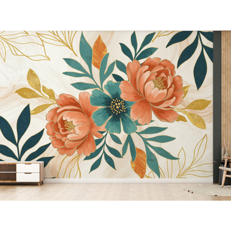 Papier peint pivoine - Motif floral abstrait avec découpes de style acrylique, feuilles bleu sarcelle et métalliques, dessin au trait doré sur fond blanc 740RS (Peel-N-Stick) RS740