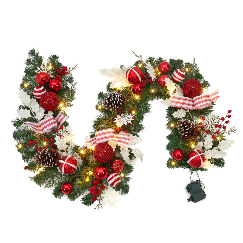 Guirlande de Noël 6 pi avec 20 lumières DEL blanc chaud, pommes de pin et baies rouges pour le manteau, la fenêtre et les escaliers