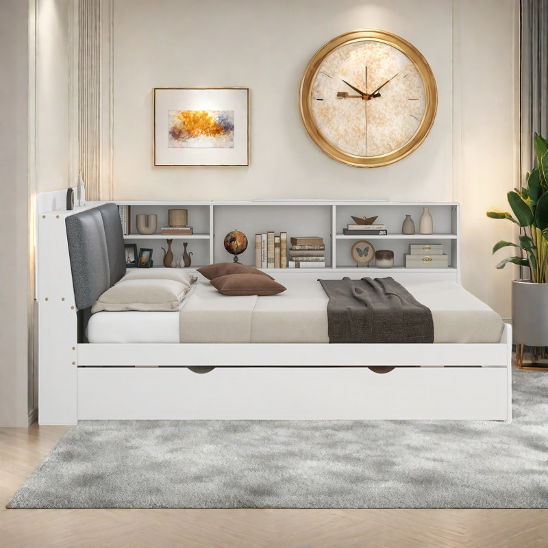 Daybed With Trundle, Storage Shelves, Upholstery Headboard And Rotatable Storage Board, White/Gray, Full/Double