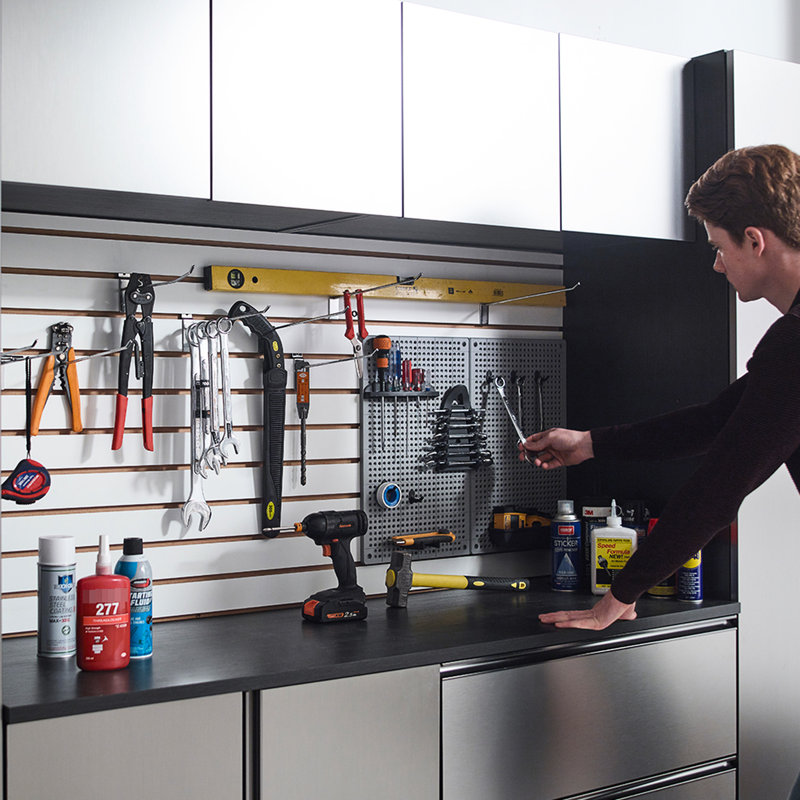 Armoire de garage Series B 6, 96 po x 72 po x 20 po. Portes et tiroirs muraux à fermeture en douceur, compartiment de rangement très profond, chauffe-eau, panneau de teinture anti-taches E0, 2 fois plus épais, finition gris métallique,