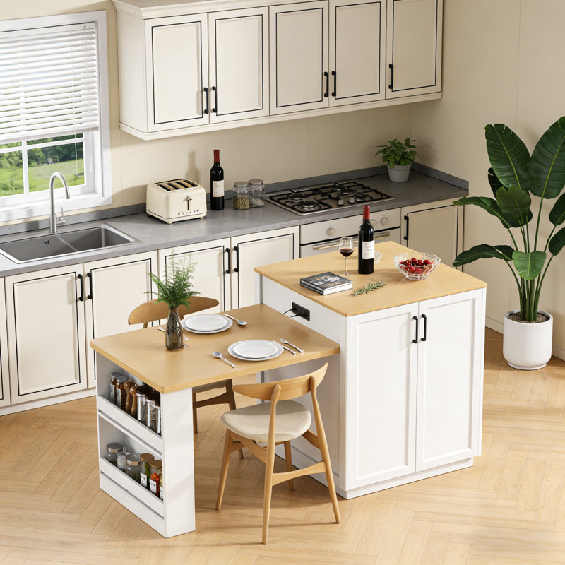 Îlot de cuisine cannelé avec table de salle à manger extensible, prise de courant, rangement double, 2 tiroirs et 2 tablettes ouvertes latérales