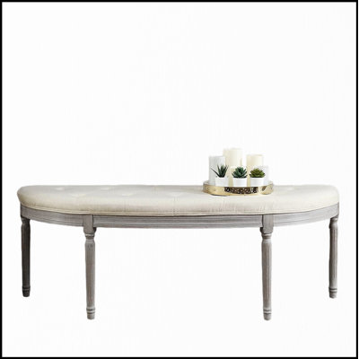 Coastal Button Tufted Light Beige Upholstered Bench With Weathered Gray Legs, Perfect For Entryways And Living Rooms.