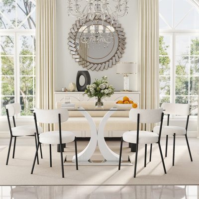 Modern 3/5 PCS Dining Set, Tempered Glass Table, 2/4 Teddy Chairs & Bench for Kitchen/Living Room