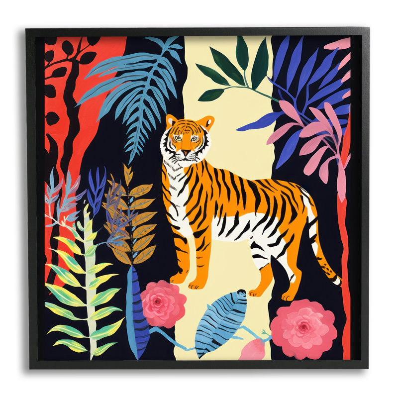 Tigre et plantes découpées, impression sur toile, H 12 po x l 12 po, Giclée encadrée noir minuit