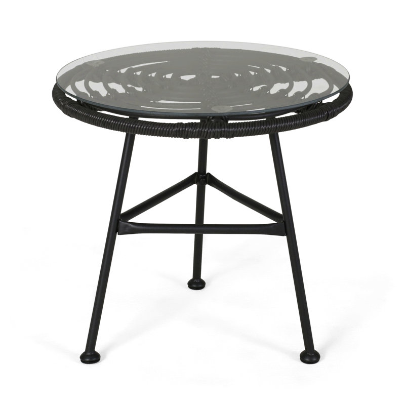 Outdoor Glass Top Faux Rattan Side Table,Tempered Glass Top End Table For Balcony Porch Deck, Gray