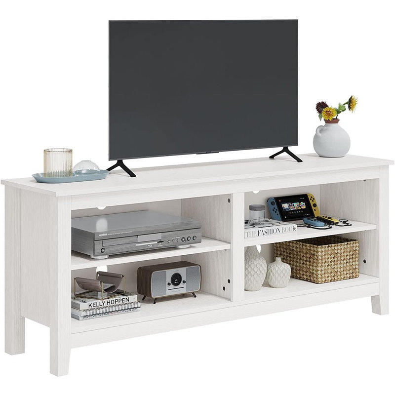 Meuble télé classique à 4 casiers pour téléviseur de 60 po ou moins, centre de divertissement blanc pour le salon ou la chambre à coucher