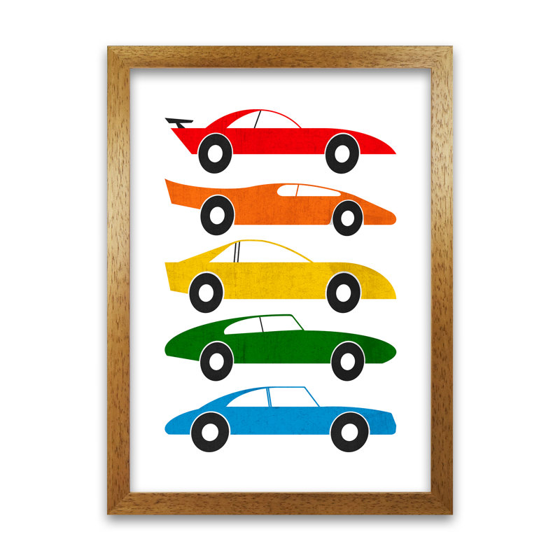Mid Century Cars On White - Print, Oak Frame, 59cm H x 42cm W x 3cm D