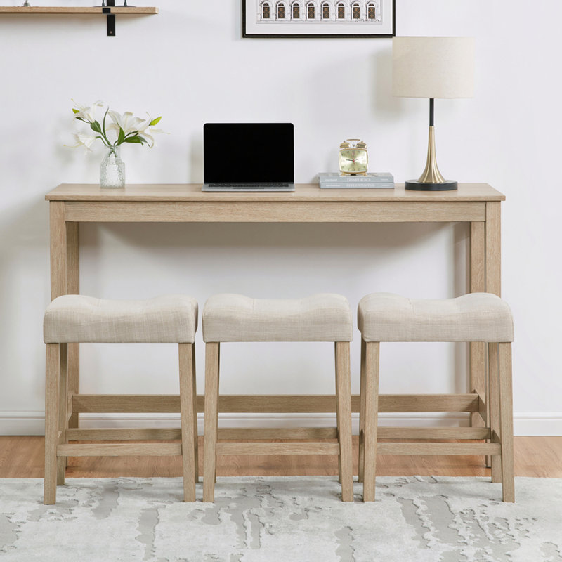 4 Piece Bar Table Set With Power Outlet For Living Room, Light Oak