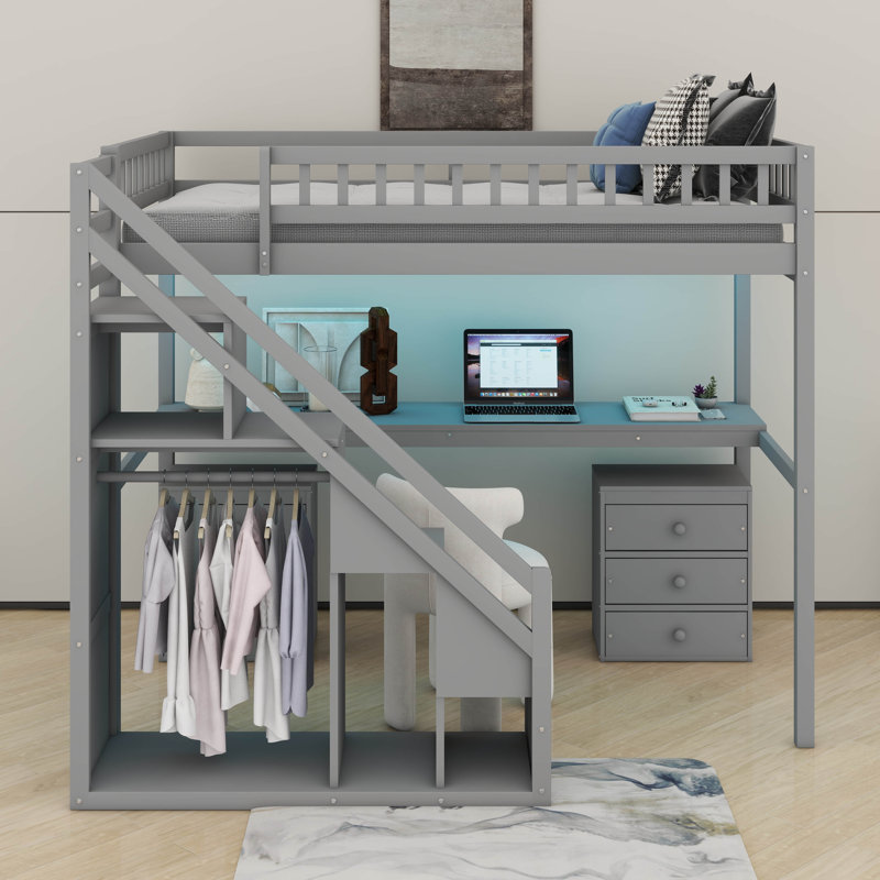 Lit mezzanine simple avec tiroirs, bureau et lumière, Gris