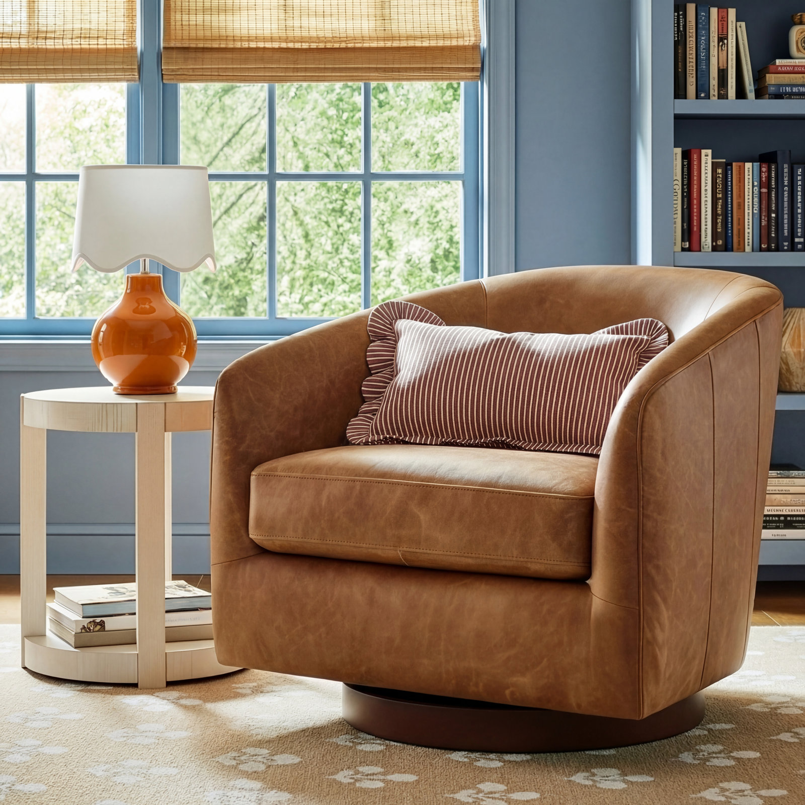 Bennett Genuine Leather Swivel Barrel Chair, Marseille Brown Genuine Leather