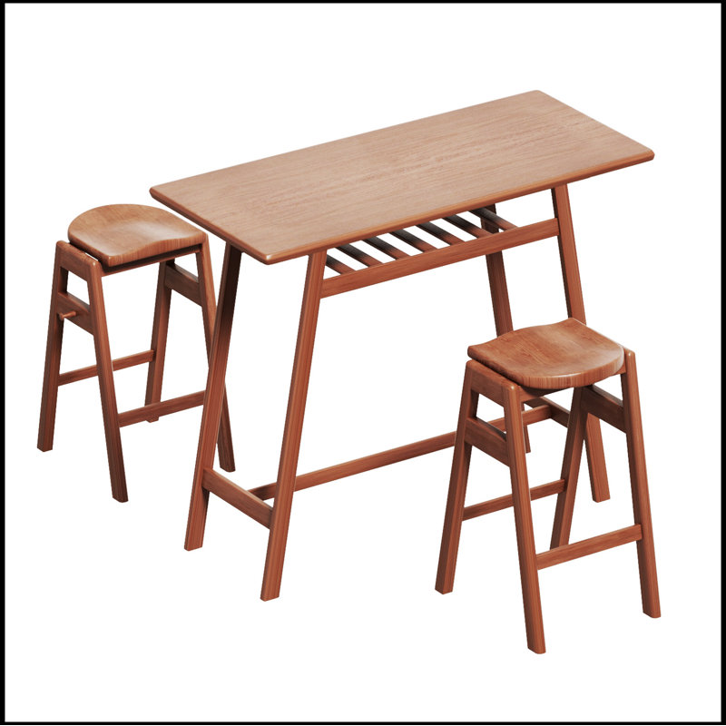 3 PCS Pub Dining Set Retro Bar Table Rubber Wood Stackable Backless High Stool for 2 with Shelf