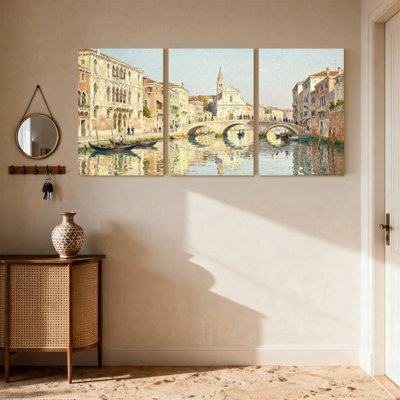 Scenic &Cityscapes Venice Canal Bridge Reflections Gondolas Buildings Sky Set of 3 Canvas Wall Art Prints