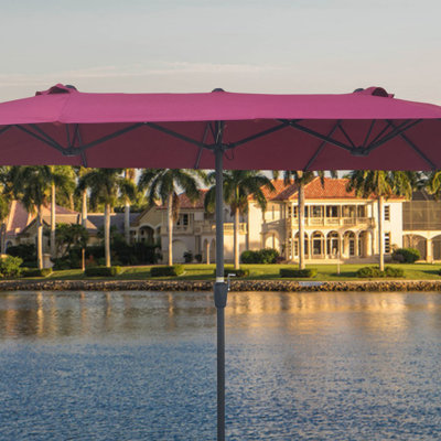 Parasol extérieur imperméable de 15 pi x 9 pi à double face avec table de jardin et parasols simples avec manivelle et évents pour terrasse de jardin