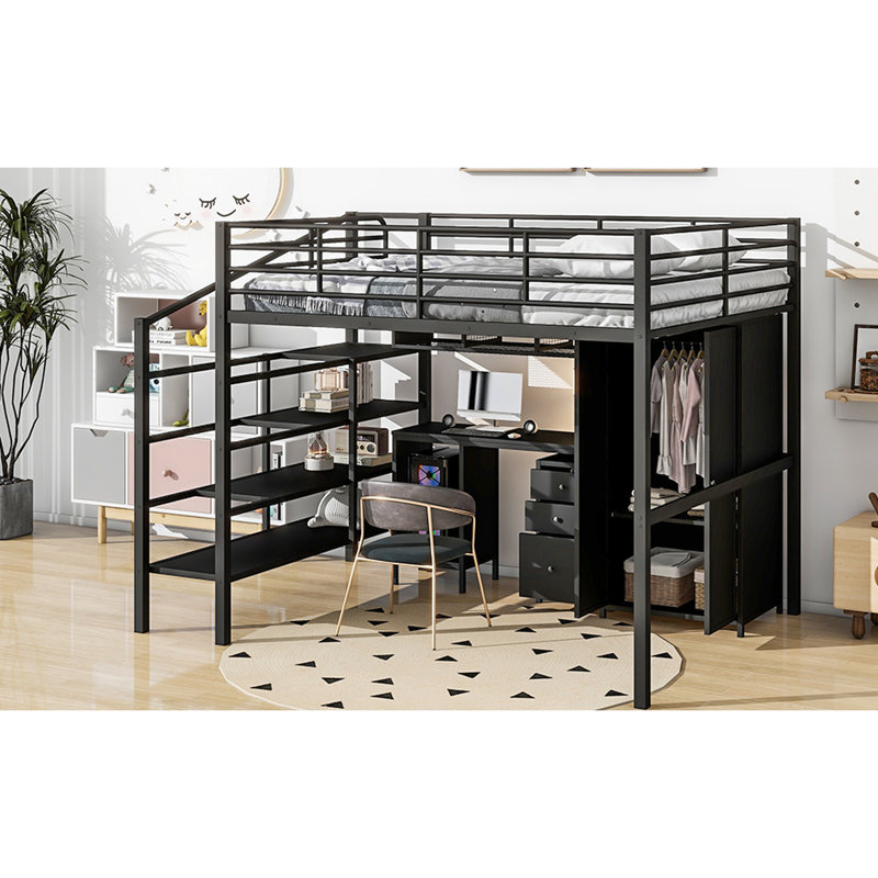 Lit mezzanine en métal avec table et garde-robe, double, conception épurée noire, structure solide, rangement spacieux, assemblage simple de taille double et de construction moderne, structure de la structure, espaces de rangement abondants, processus