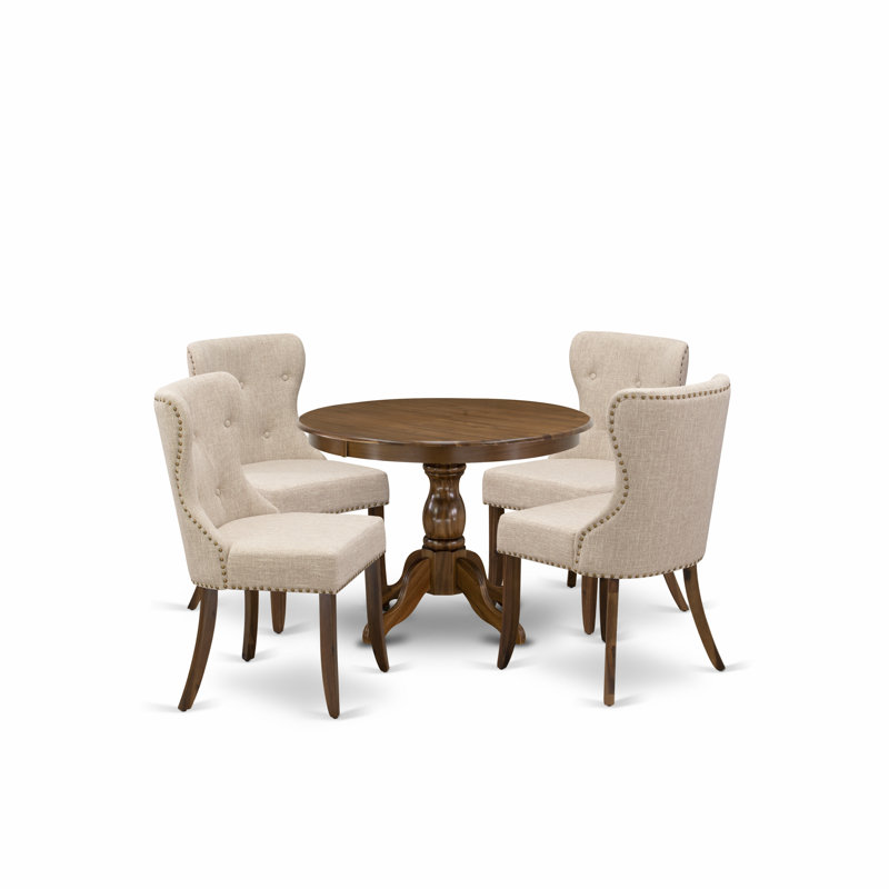 Ensemble de table ronde 5 pièces et 4 chaises Parson - couleur noyer antique, Noyer, 5 pièces, Brun clair