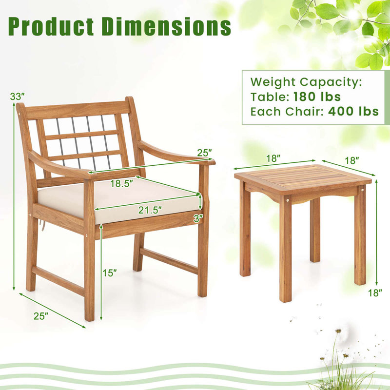 Ensemble de chaises bistro d'extérieur en bois d'acacia avec table basse et porche 3 pièces , Blanc cassé