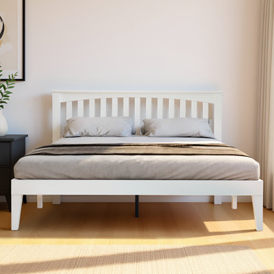 Cadre de grand lit Moriel - MOB-40-Q avec tête et pied de lit, base à lattes en bois massif durable, pieds centraux en métal, assemblage facile, silencieux, rangement sous le lit, aucun sommier nécessaire, chêne blanc classique