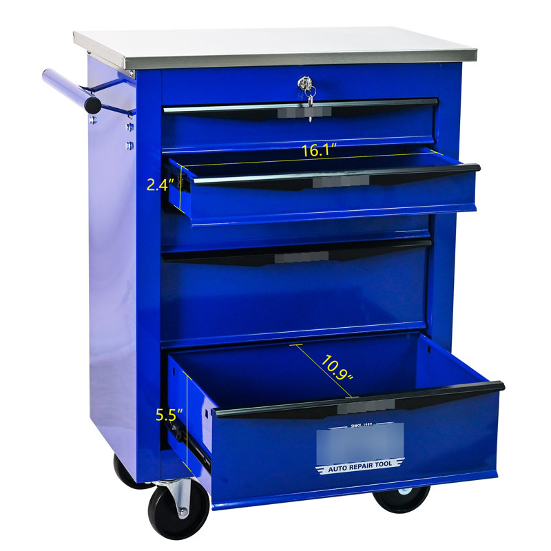 Chariot à outils à 5 tiroirs avec roulettes, rangement en métal multifonctionnel pour le garage et l'atelier, noir et bleu, avec toit en acier inoxydable, verrouillable, tiroirs à roulement, poignées à tirer 6 places de travail, tiroir