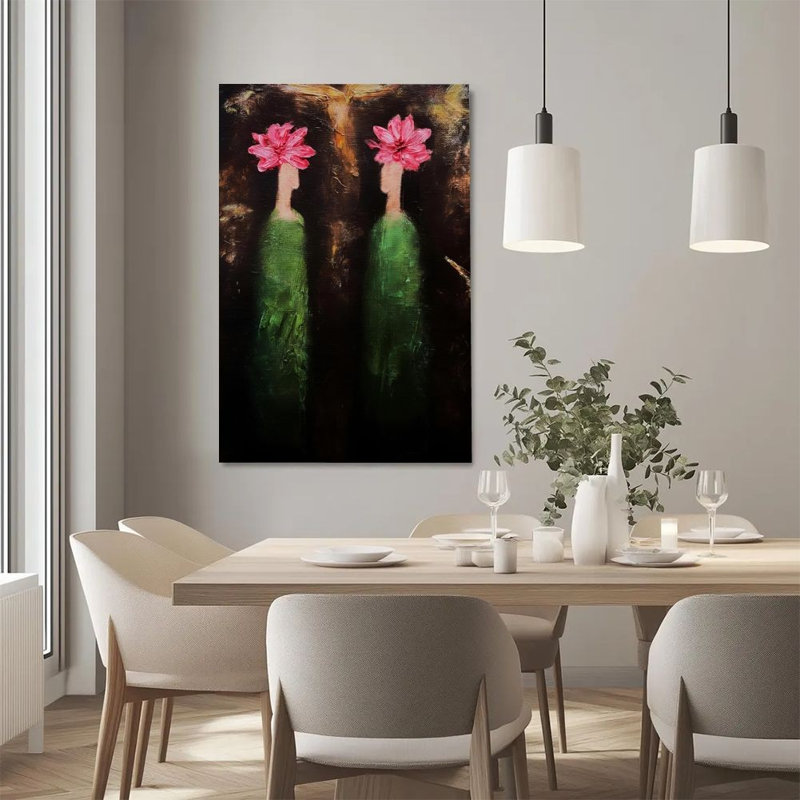 Art mural sur toile encadré en 2 dimensions, couronne florale double, robe longue verte, impression d'art abstrait sur toile, affiche, peinture, décoration murale, cadeau idéal