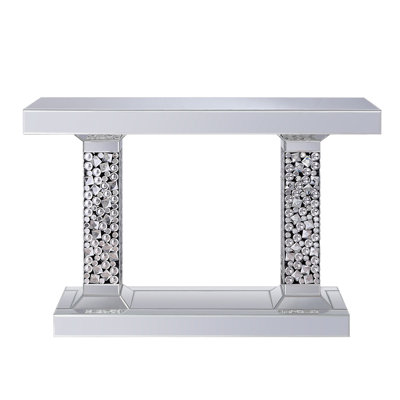 Stunning Mirrored Console Table With Faux Gems, Metal & Synthetic Wood, 31In Height, Silver Glamorous Finish Gems Inlay, 85Lb, 47X31x14in,