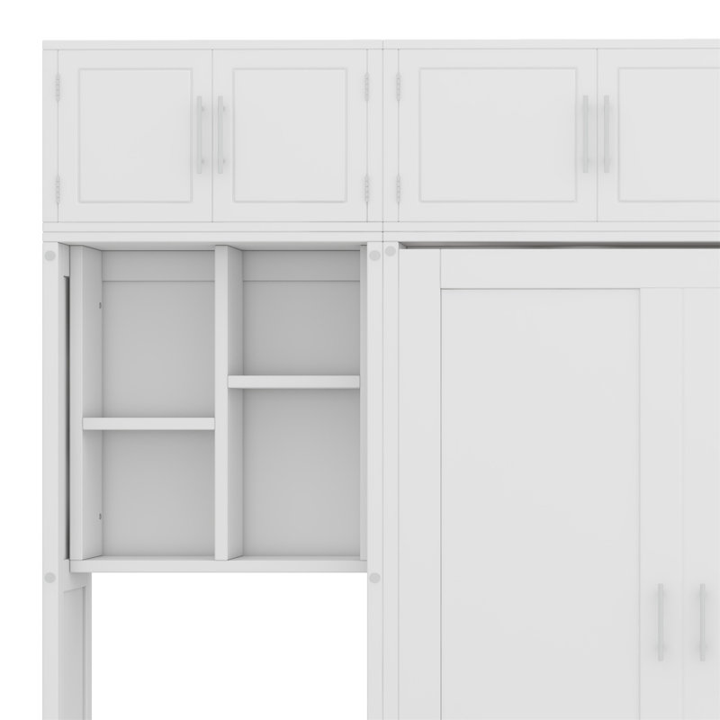 Wall Murphy Bed With Desk,Top Cabinet And Storage Shelves,Space Saving Foldable Bed, Full, White