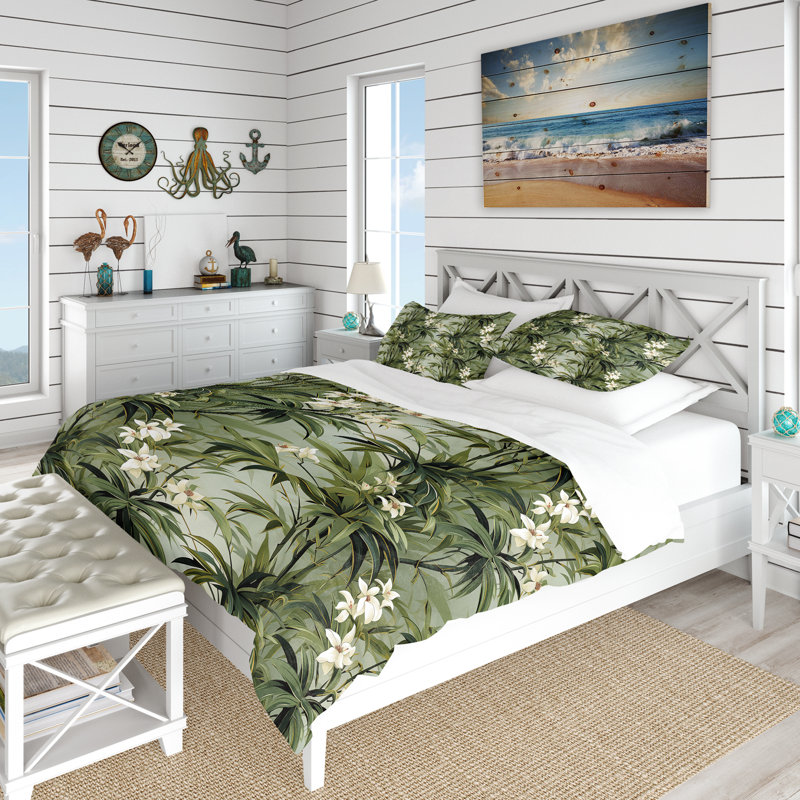 Bamboo Reflections Tropical Pattern I Floral Duvet Cover, King Duvet Cover + 2 King Shams