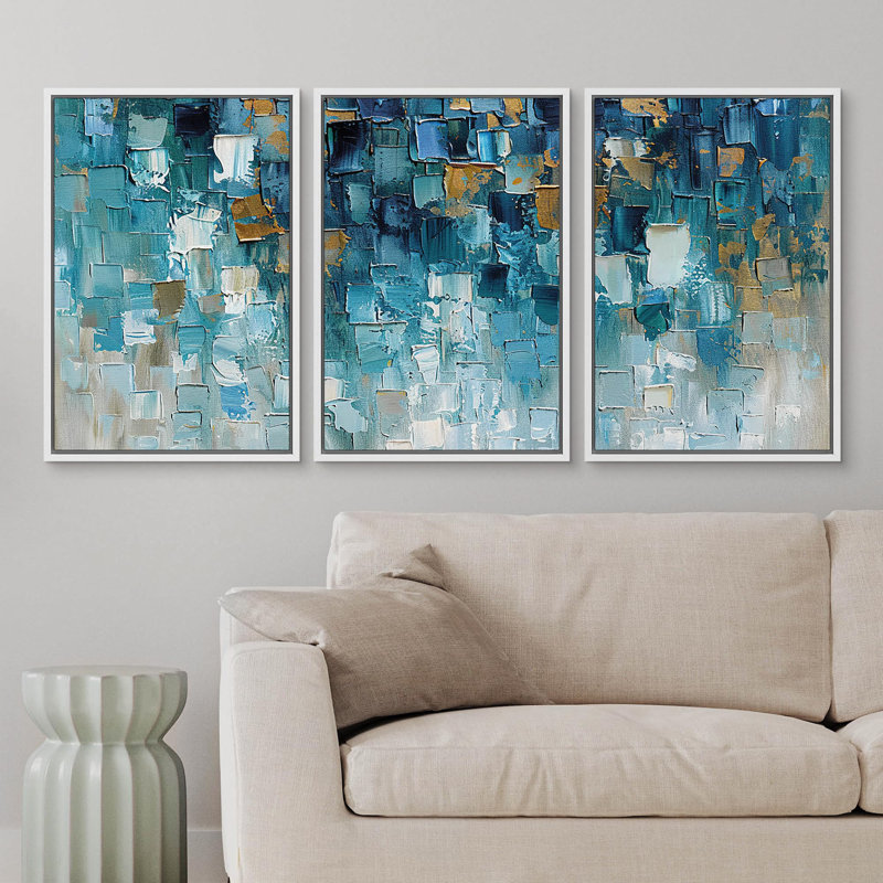 Grunge Abstract Paint Stroke Effect " Cerulean Cityscape " 3 - Pieces, White Floater Framed, 36" H x 72" W