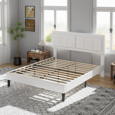 Base de lit grand format Kempst, cadre de lit plateforme grand rembourré avec tête de lit capitonnée à hauteur réglable, sommier robuste avec lattes de bois, aucun sommier requis, rangement sous le lit