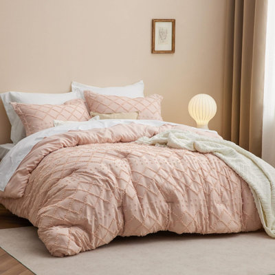 Twin/Twin XL Comforter Set - Coral Pink Boho Twin Extra Long Comforter Set For College, Shabby Chic Dorm Bedding Set, 2 Pieces Modern Farmhouse Bed Set, Includes 1 Pillow Sham