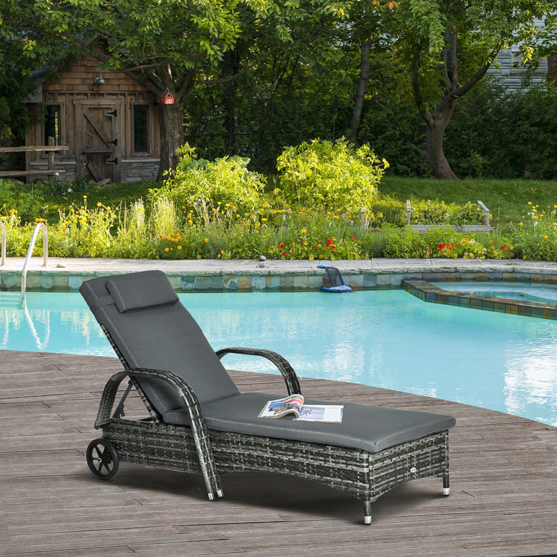 Chaise longue d'extérieur avec dossier réglable à 5 niveaux, chaise simple avec roulettes et coussin, chaise longue de patio moderne