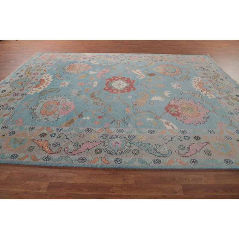 Tapis oriental bleu clair à motif floral Oushak 9 x 12