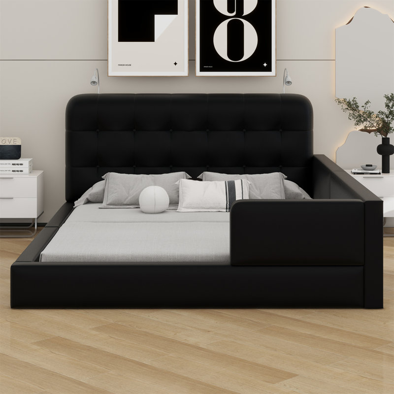 Upholstered Platform Bed With Reading Lights, Black