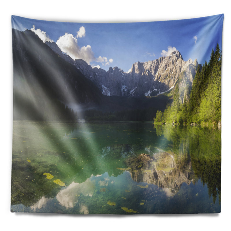 Paysage, montagne, lac, dans les Alpes, tapisserie, H 32 po x l 39 po